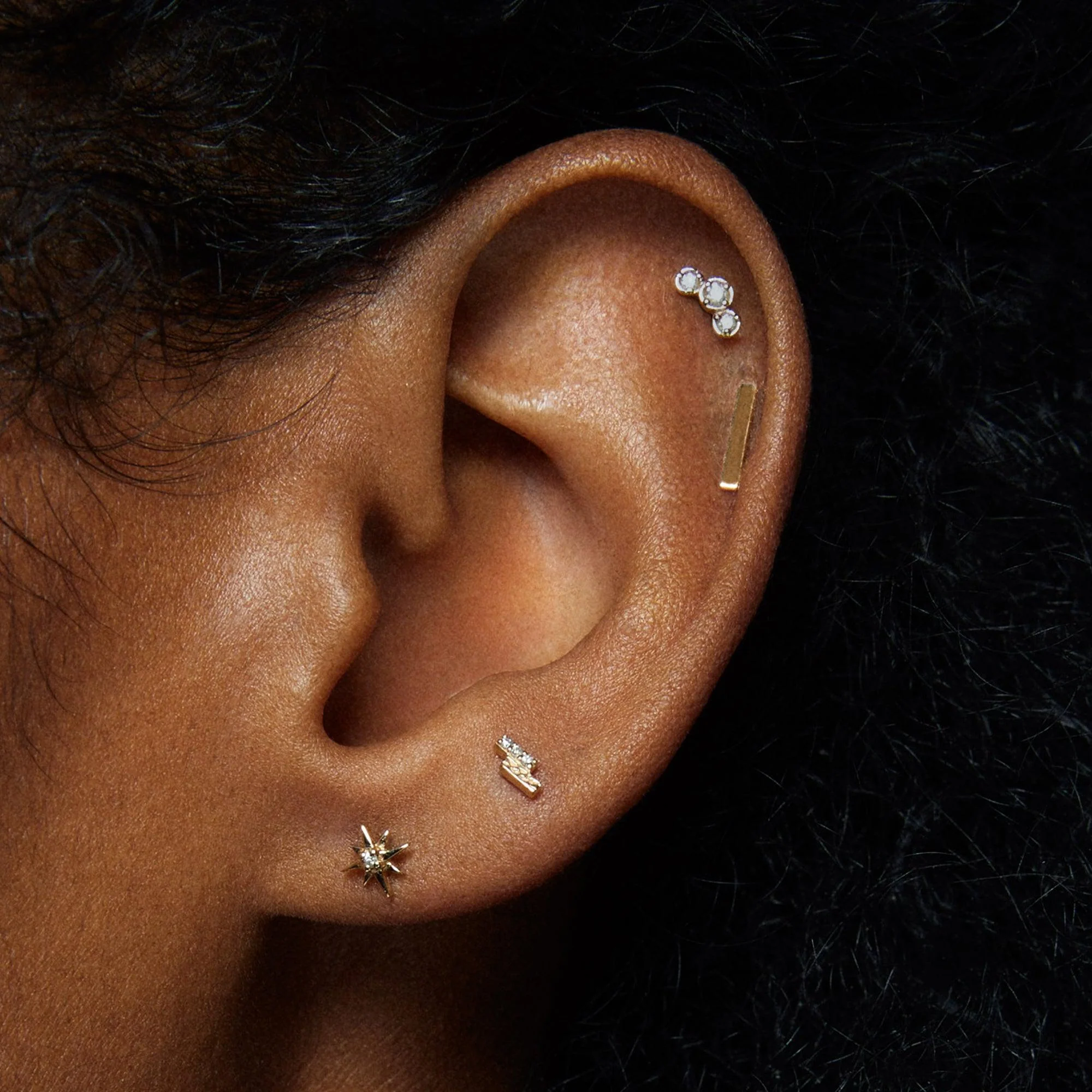 14k Flat Back Triple Diamond Stud - Image 5